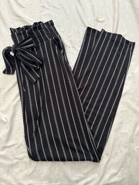 Joe B Black and White Striped Paperbag Wide-Leg Pants
